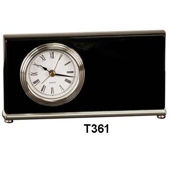 Horizontal Desk Clock, Black, Silver Bezel/Base - Laser Engraved Plate