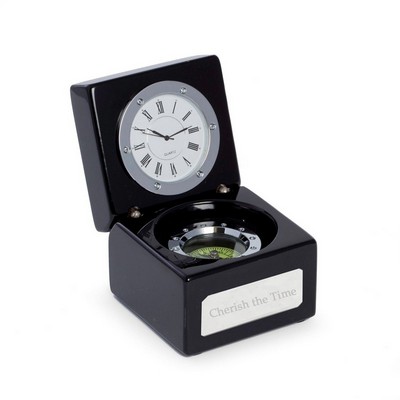 Compass & Clock in Black Lacquered Finish Box